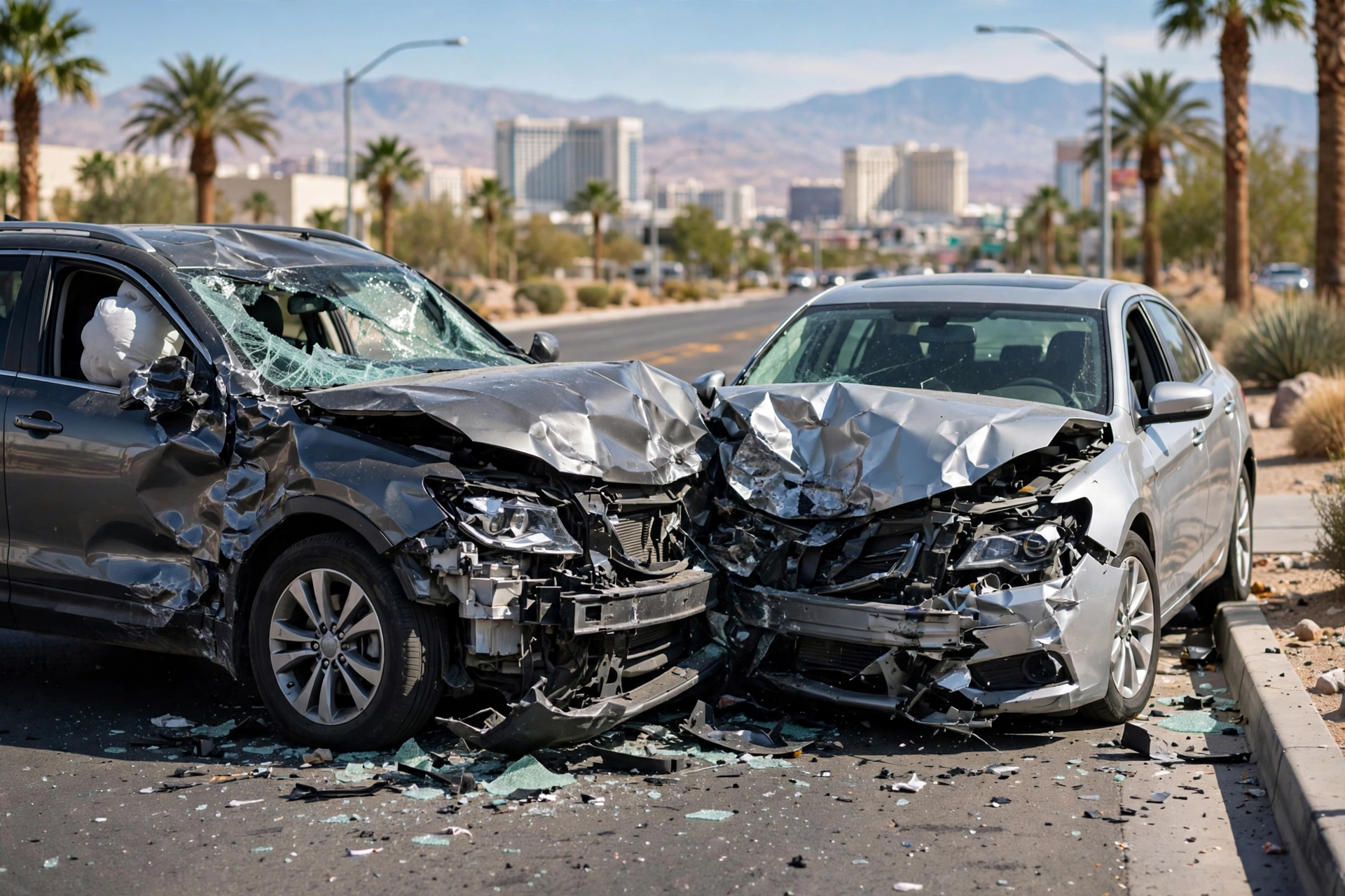 Damaged cars after a Las Vegas accident