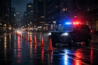Police checkpoint at night with flashing lights