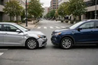 Two cars at an intersection after a minor collision